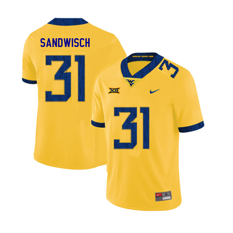 NCAA Men's Zach Sandwisch West Virginia Mountaineers Yellow #31 Nike Stitched Football College 2019 Authentic Jersey QN23H04AT